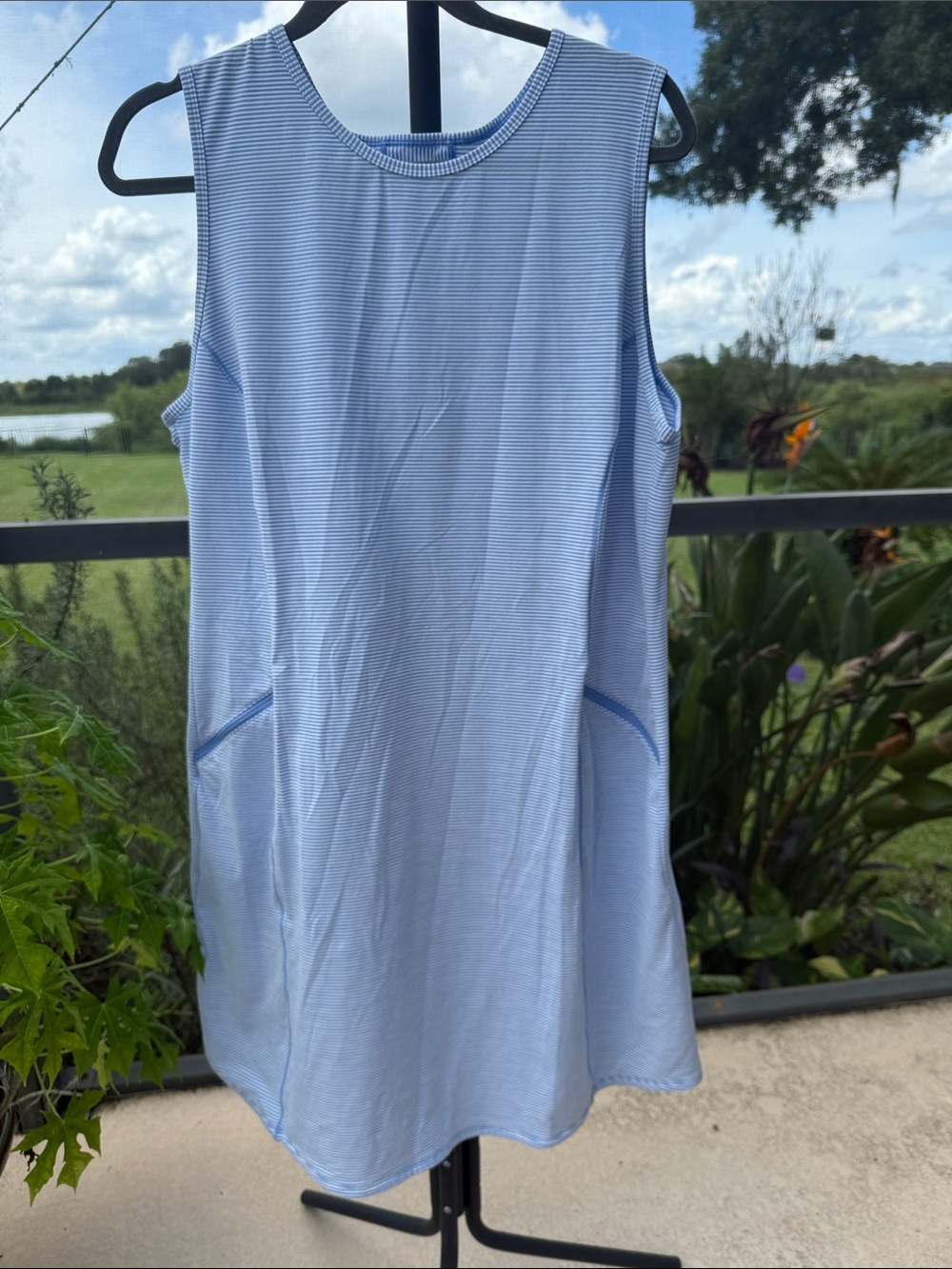 Duluth Trading Co Light Blue Striped Sleeveless athletic Dress